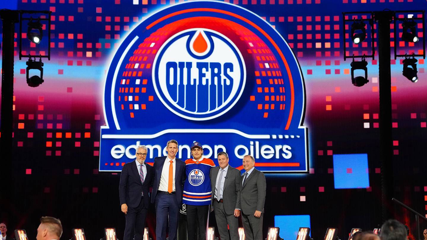 Jun 28, 2024; Las Vegas, Nevada, USA; Sam O'Reilly is selected by the Edmonton Oilers with the 32nd overall pick in the first round of the 2024 NHL Draft at The Sphere. Mandatory Credit: Stephen R. Sylvanie-Imagn Images
