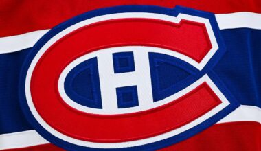 Apr 5, 2026; Montreal, Quebec, CAN; View of a Montreal Canadiens logo on a jersey worn by a member of the team during the second period at Bell Centre. Mandatory Credit: David Kirouac-Imagn Images