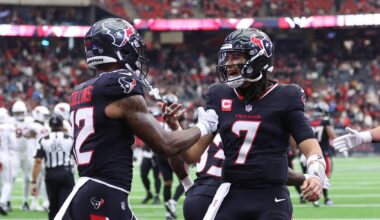 Dec 14, 2025; Houston, Texas, USA; Houston Texans wide receiver Nico Collins (12) and quarterback C.J. Stroud (7) celebrate a touchdown during the fourth quarter against the Arizona Cardinals at NRG Stadium. Mandatory Credit: Troy Taormina-Imagn Images