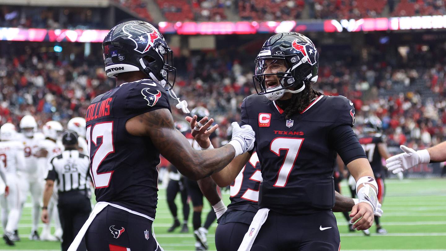 Dec 14, 2025; Houston, Texas, USA; Houston Texans wide receiver Nico Collins (12) and quarterback C.J. Stroud (7) celebrate a touchdown during the fourth quarter against the Arizona Cardinals at NRG Stadium. Mandatory Credit: Troy Taormina-Imagn Images