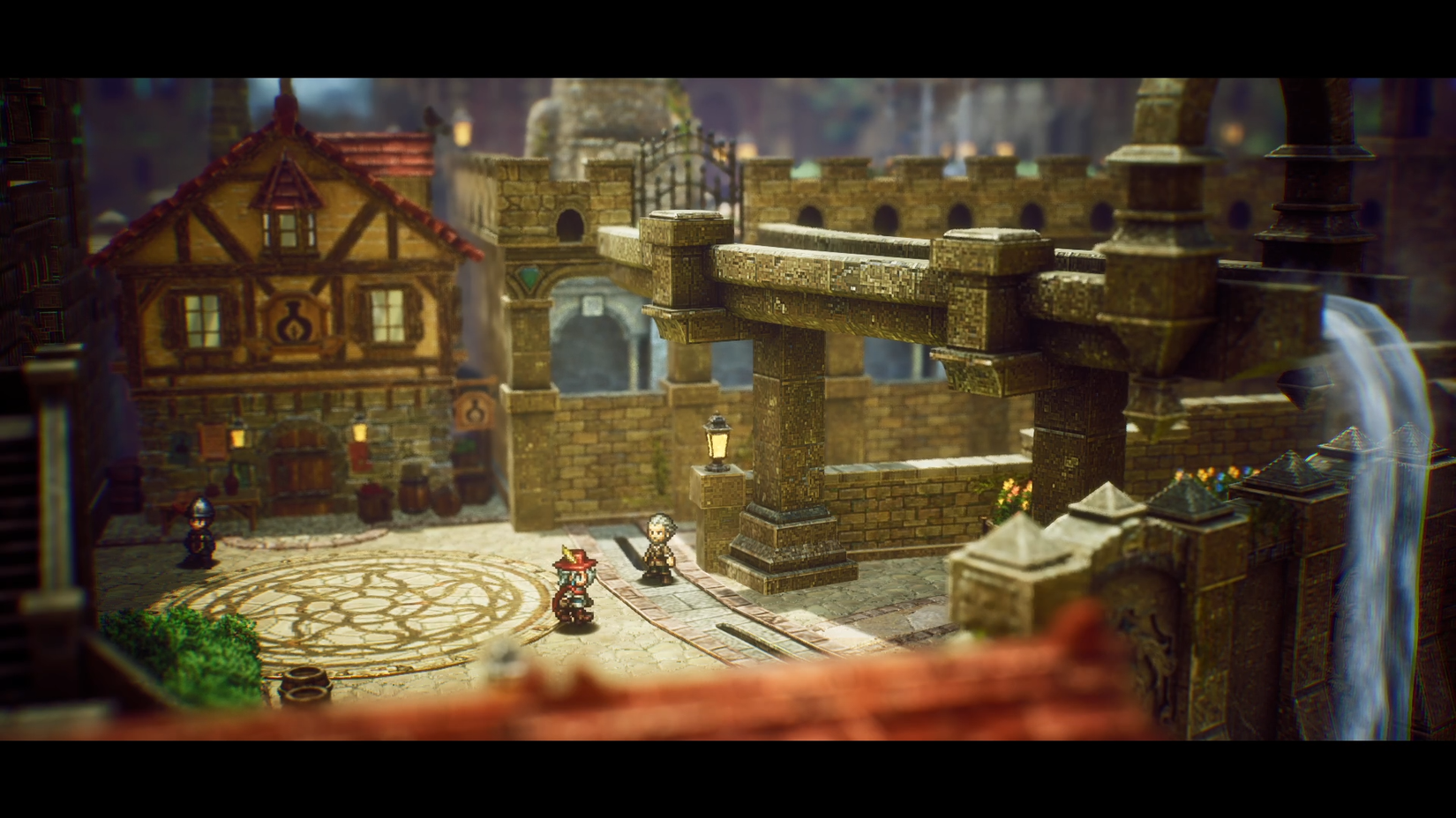 Pixel art characters stand in a lushly rendered 3D medieval town