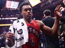 Scottie Barnes of the Toronto Raptors celebrates after his team defeated the Cleveland Cavaliers 112-110 in Game 6 of the First Round of the NBA Eastern Conference Playoffs at Scotiabank Arena on May 1, 2026 in Toronto.
