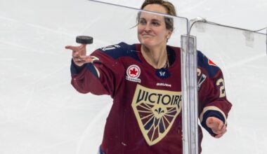 Montreal Victoire Marie-Philip Poulin scored the game winning goal in the 3rd overtime period against the Minnesota Frost in their 1-0 playoff win at Place Bell in Laval on Tuesday May 5, 2026.