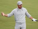 Bryson DeChambeau reacts on the seventh hole during the second round of the PGA Championship at Aronimink Golf Club.