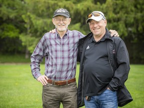Mark Cloutier, left, a heart attack survivor, credits Jonathan Blakey and several others with helping save his life