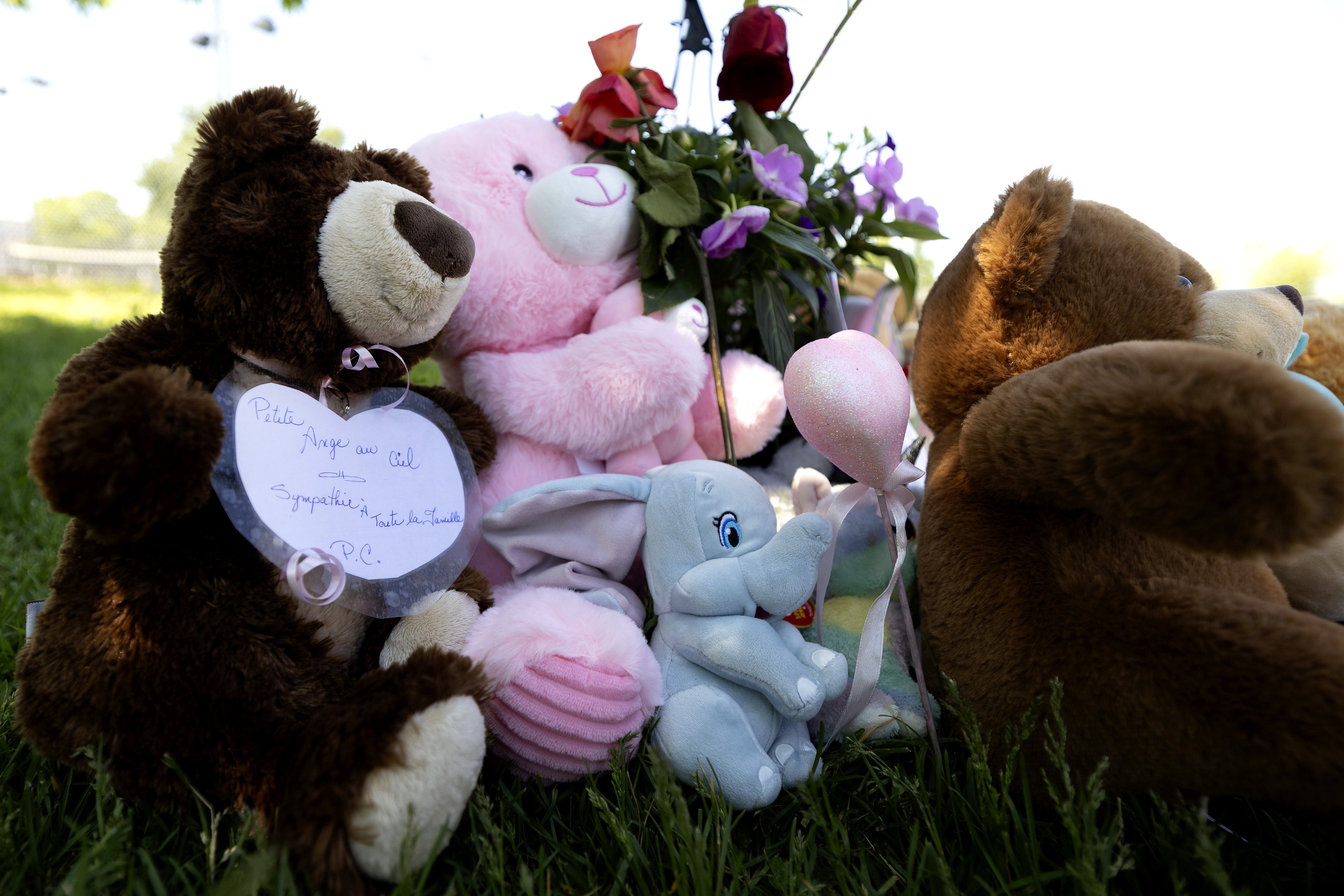 A memorial made up of plush animals, toys and cards is seen among greenery.