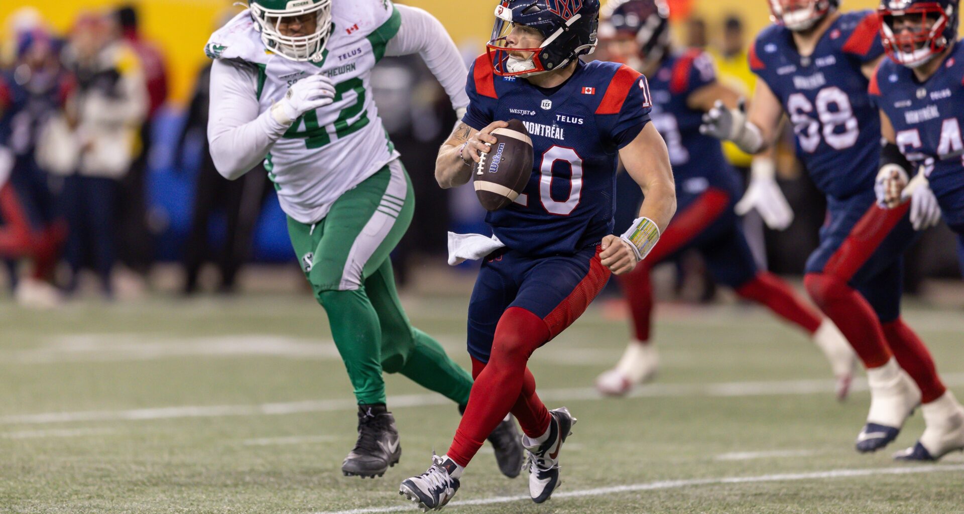 "He came to training camp physically in a much better state than last year," Alouettes GM Danny Maciocia says of starting quarterback Davis Alexander, scrambling during Grey Cup against the Saskatchewan Roughriders on Nov. 16 in Winnipeg.