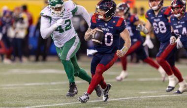 "He came to training camp physically in a much better state than last year," Alouettes GM Danny Maciocia says of starting quarterback Davis Alexander, scrambling during Grey Cup against the Saskatchewan Roughriders on Nov. 16 in Winnipeg.