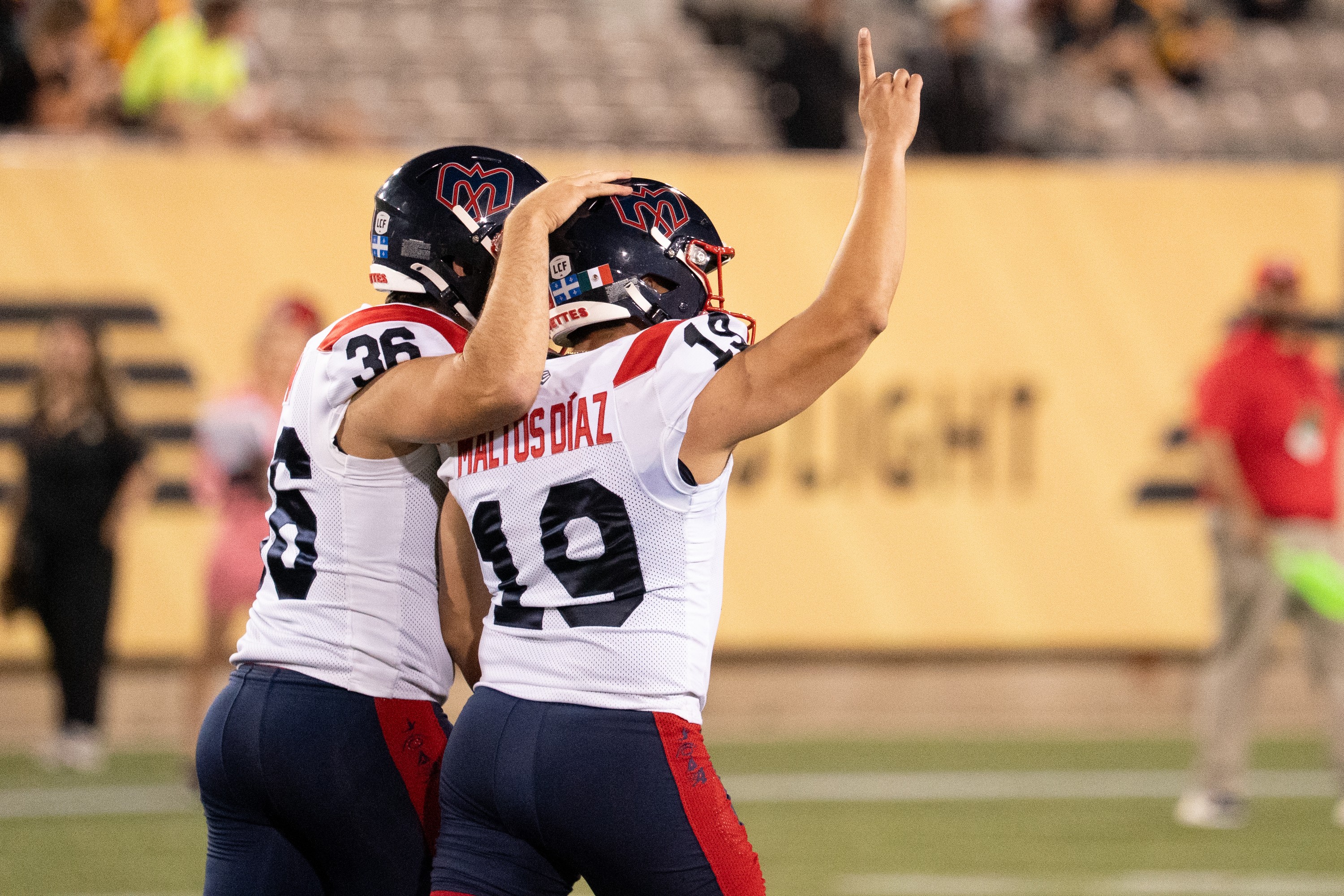 Alouettes kicker Jose Maltos-Diaz celebrates his game-winning overtime field goal in Hamilton on Thursday night.