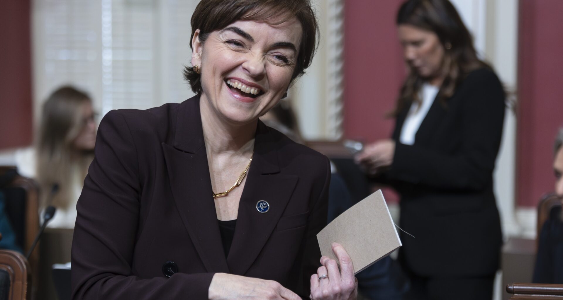 A smiling Quebec Premier Christine Fréchette.