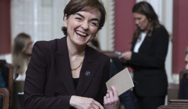 A smiling Quebec Premier Christine Fréchette.