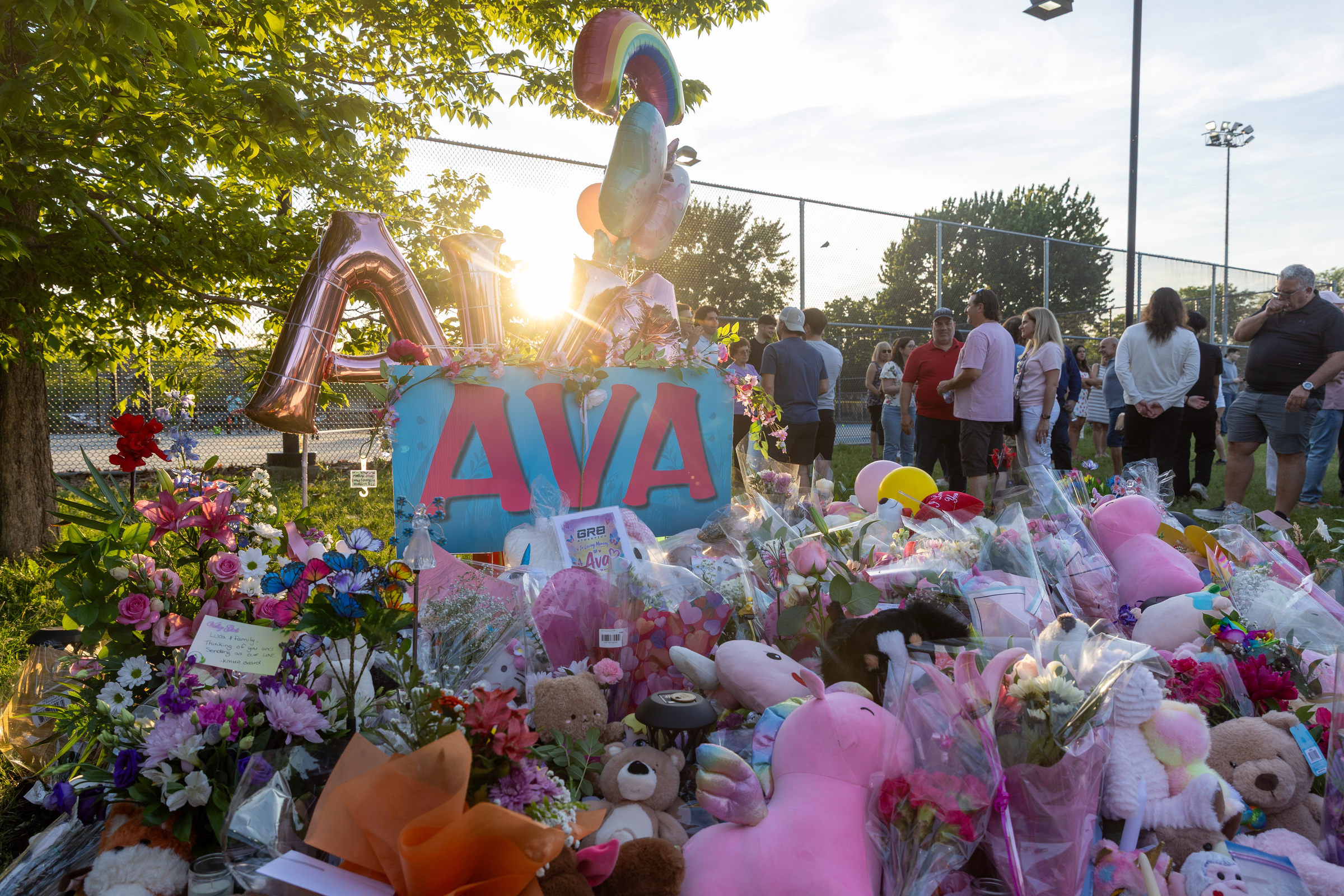 A poster and balloons saying AVA are visible behind a large pile of stuffed animals and flowers in a park.