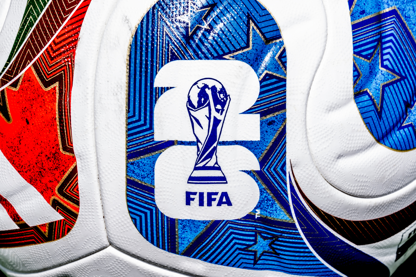 A World Cup soccer ball with an image of the World Cup logo depicted on it.