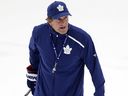 Former Toronto Maple Leafs head coach Mike Babcock on the ice during a practice in 2019.