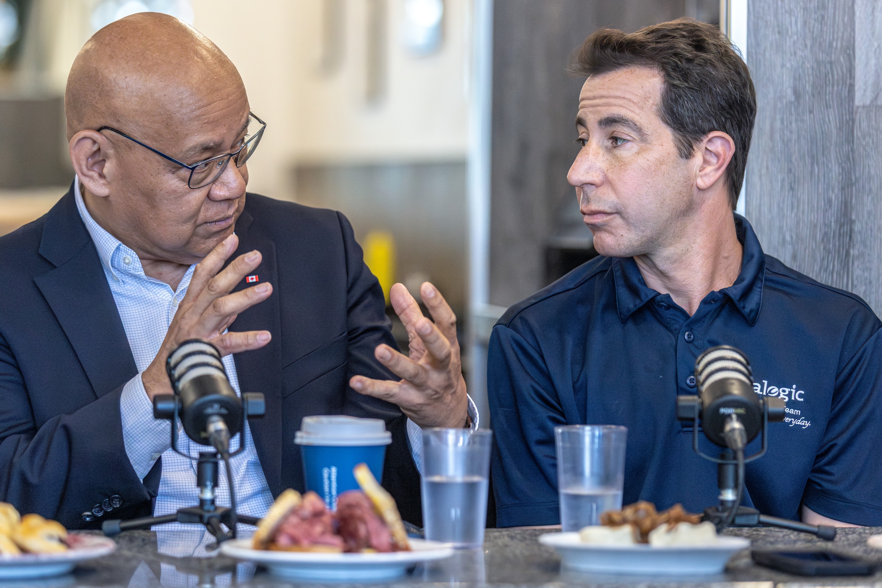 Aaron Rand and Bill Brownstein chat with Fo Niemi and Anthony Housefather, right, on The Corner Booth at the Snowdon Deli in Montreal on Friday June 12, 2026.