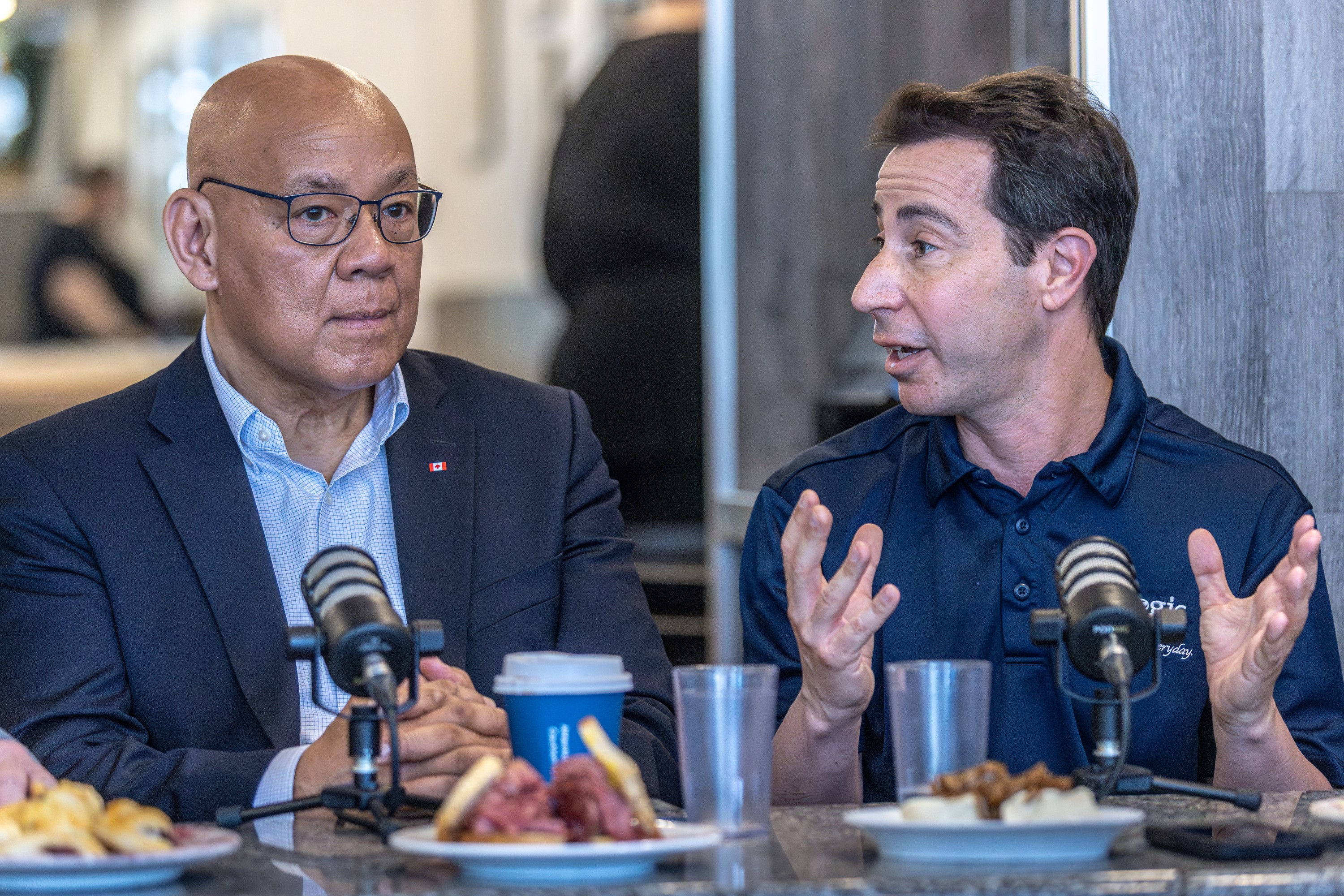 Aaron Rand and Bill Brownstein chat with Fo Niemi and Anthony Housefather, right, on The Corner Booth at the Snowdon Deli in Montreal on Friday June 12, 2026.