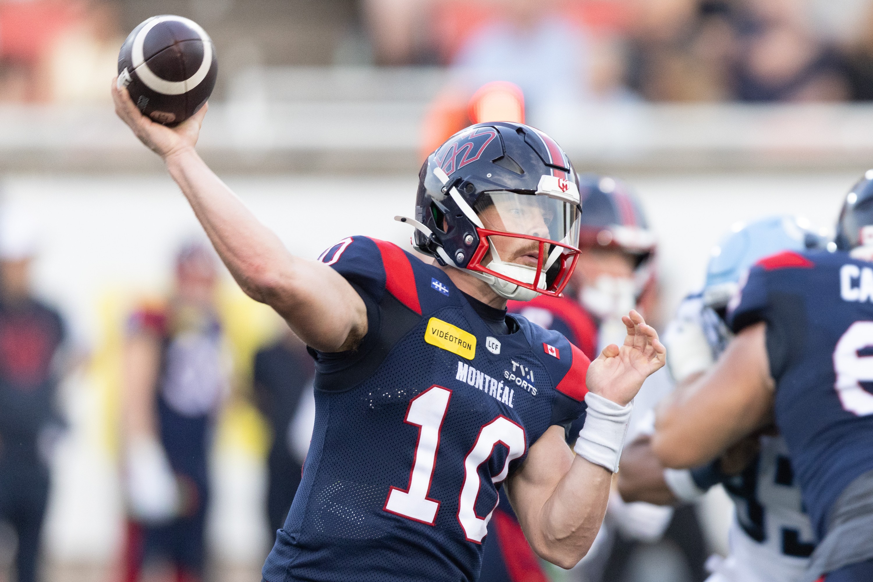 Montreal Alouettes quarterback Davis Alexander (10) makes a pass during first half CFL action against theToronto Argonauts in Montreal on Friday, June 12, 2026.