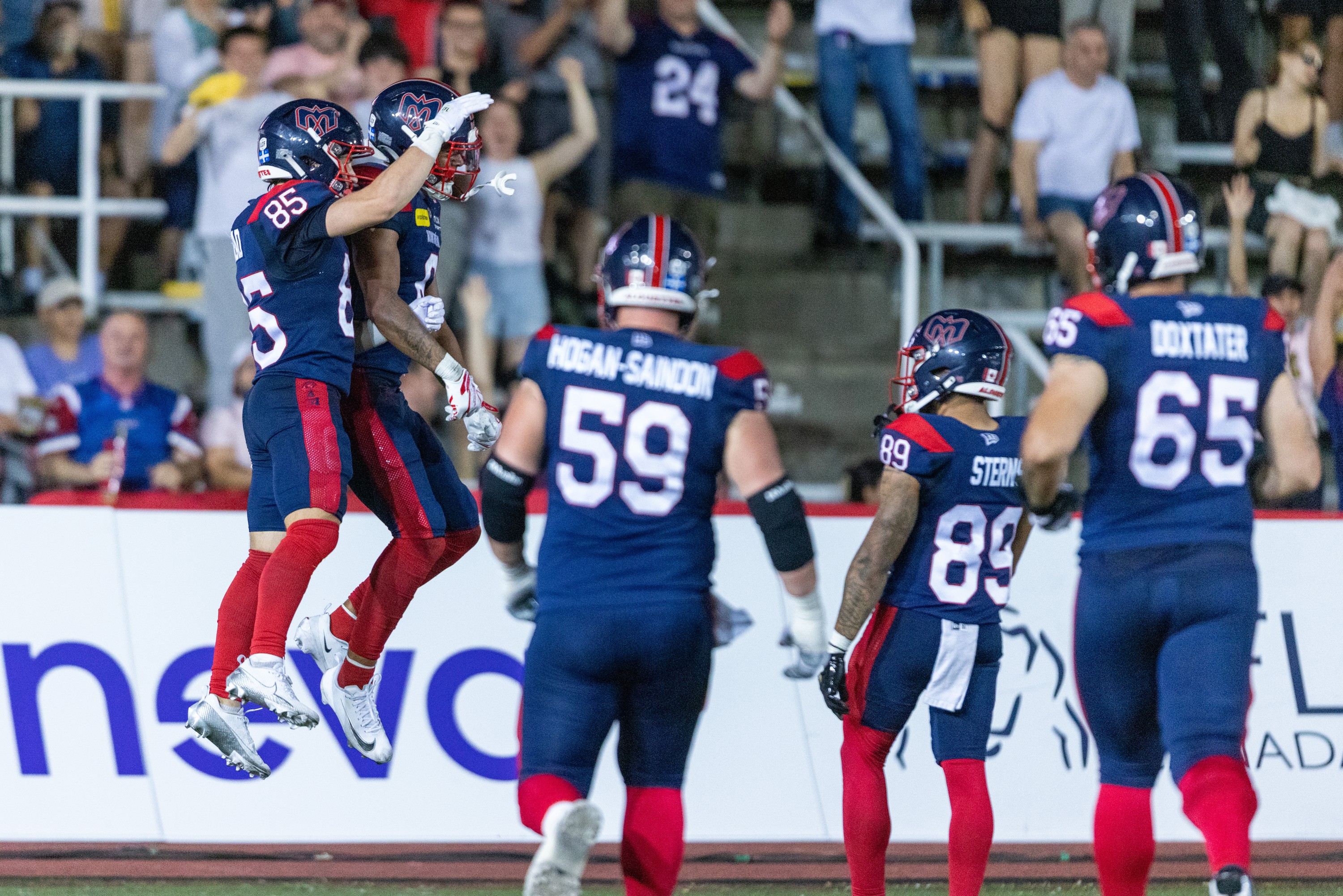 Montreal Alouettes celebrate a touchdown during second half CFL action against the Toronto Argonauts in Montreal on Friday, June 12, 2026.