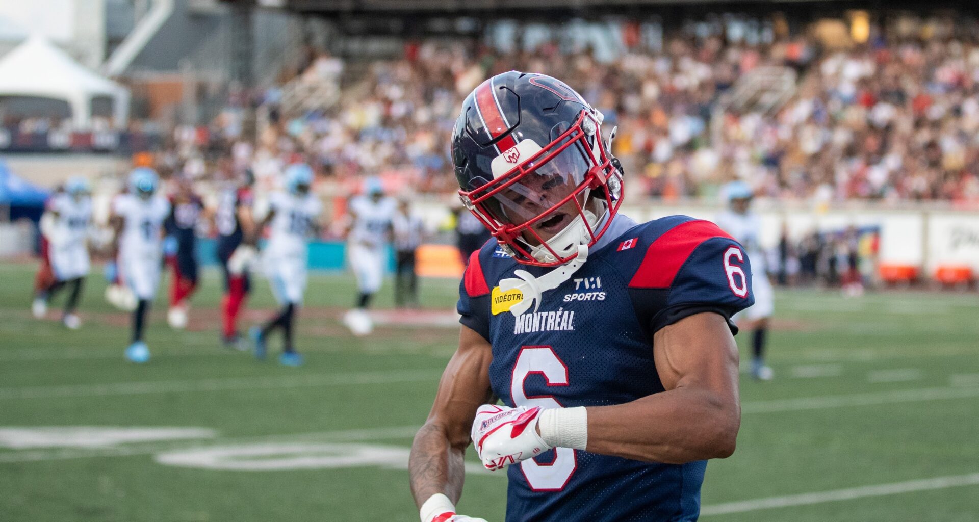 Montreal Alouettes wide receiver Tyson Philpot (6) celebrates a catch during first half CFL action against the Toronto Argonauts in Montreal on Friday, June 12, 2026.