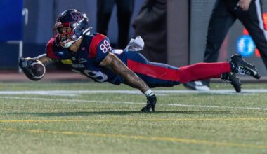 Alouettes receiver Jerreth Sterns dives for extra yards during second half against the Toronto Argonauts in Montreal on Friday.