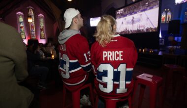 Ata Czaja and Clara Alex celebrate a first-period goal as they watched from St Jax Church during Game 5 between the Canadiens and the Buffalo Sabres on May 14.