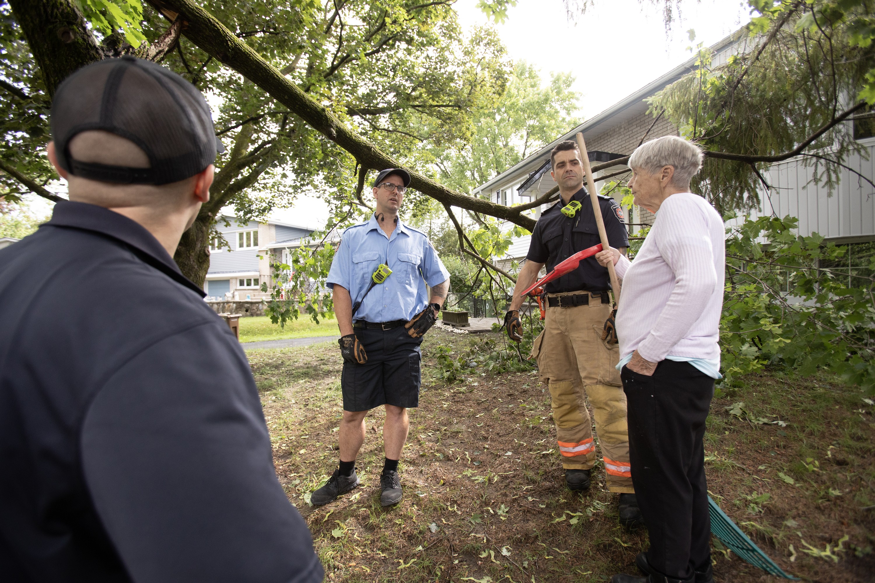 A woman speaks to three firefighters on a lawn in front of a damaged tree branch.