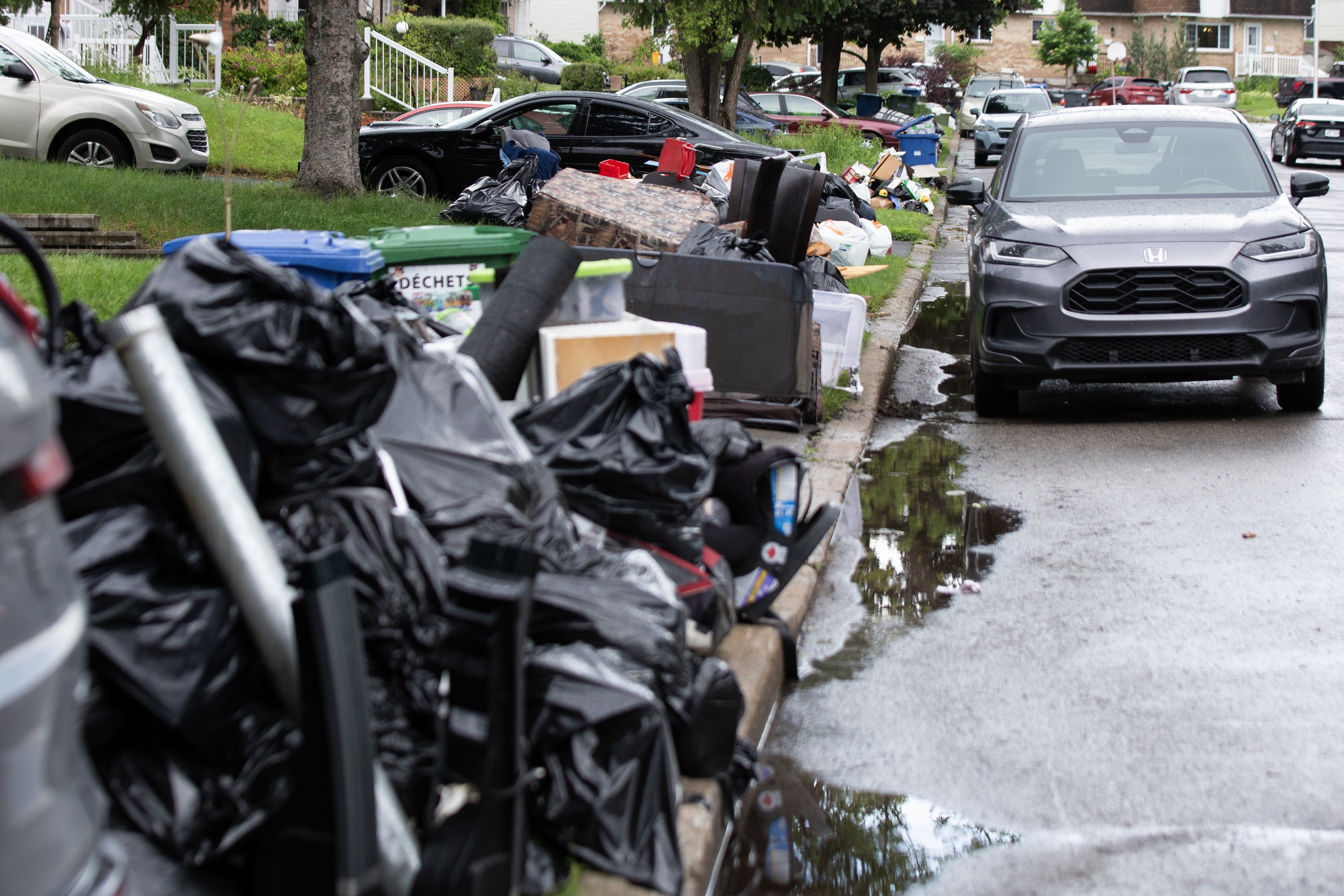 Piles of garbage line the driveways on a street.