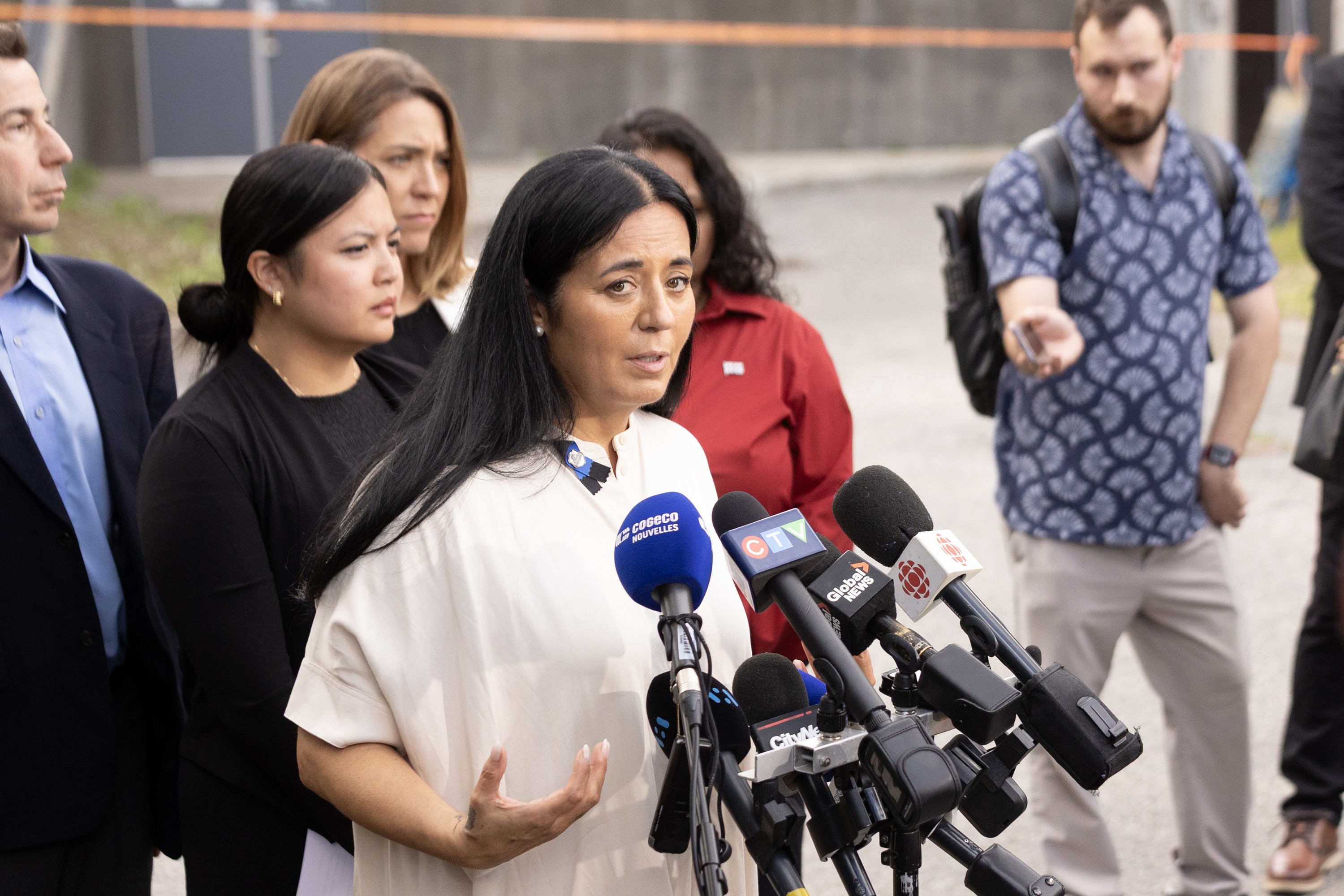 Montreal mayor Soraya Martinez Ferrada speaks about Monday's shootings in Côte-des-Neiges on Tuesday, June 23, 2026.  Behind her stands Stéphanie Valenzuela, borough mayor of Côte-Des-Neiges—Notre-Dame-de-Grâce.