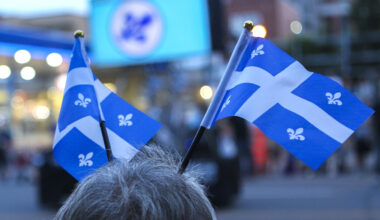 Two Quebec flags attached to someone's head.