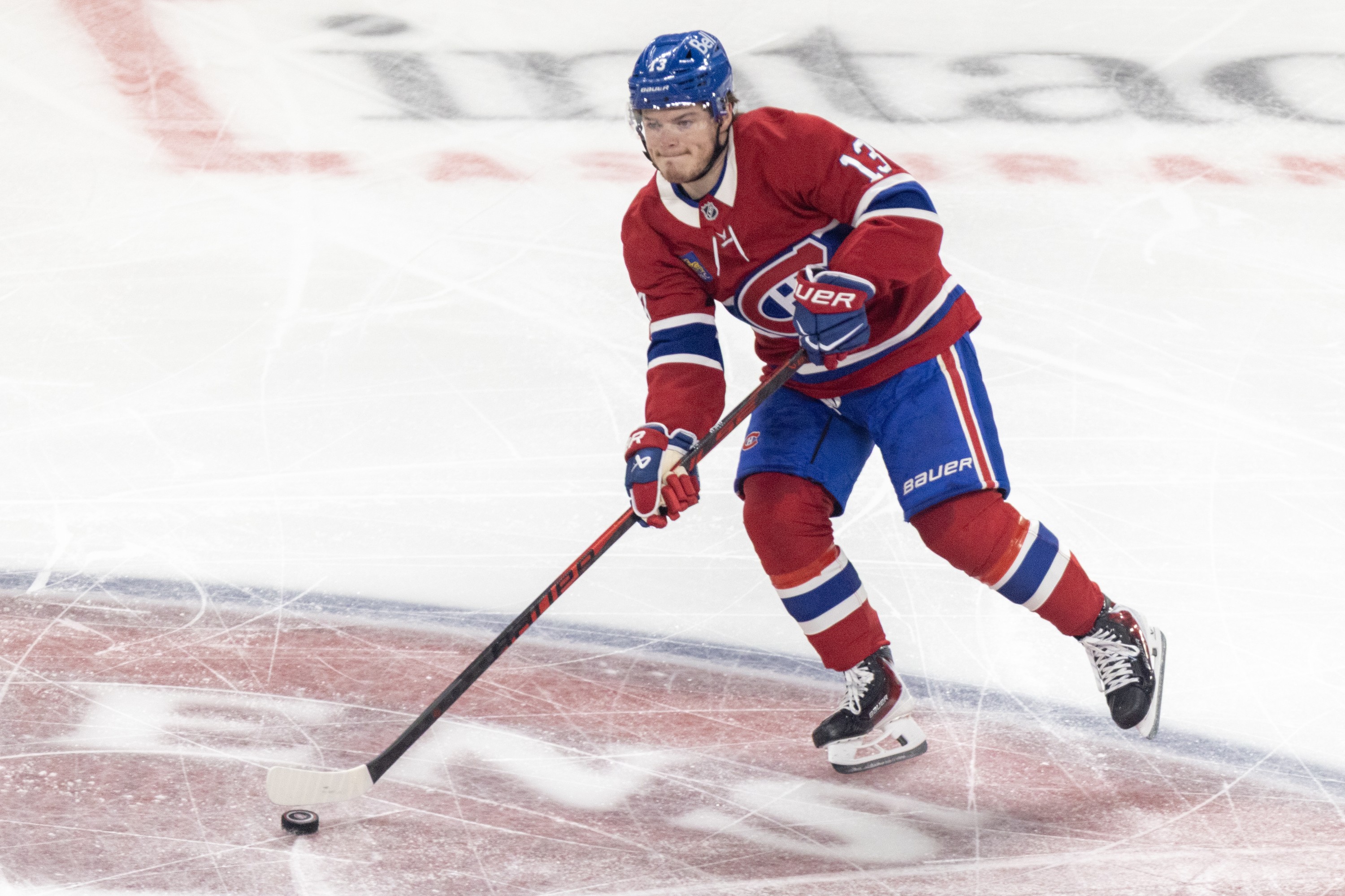 Canadiens winger Cole Caufield skates across centre ice against the Carolina Hurricanes during Game 4 of Eastern Conference Final in Montreal on May 27.
