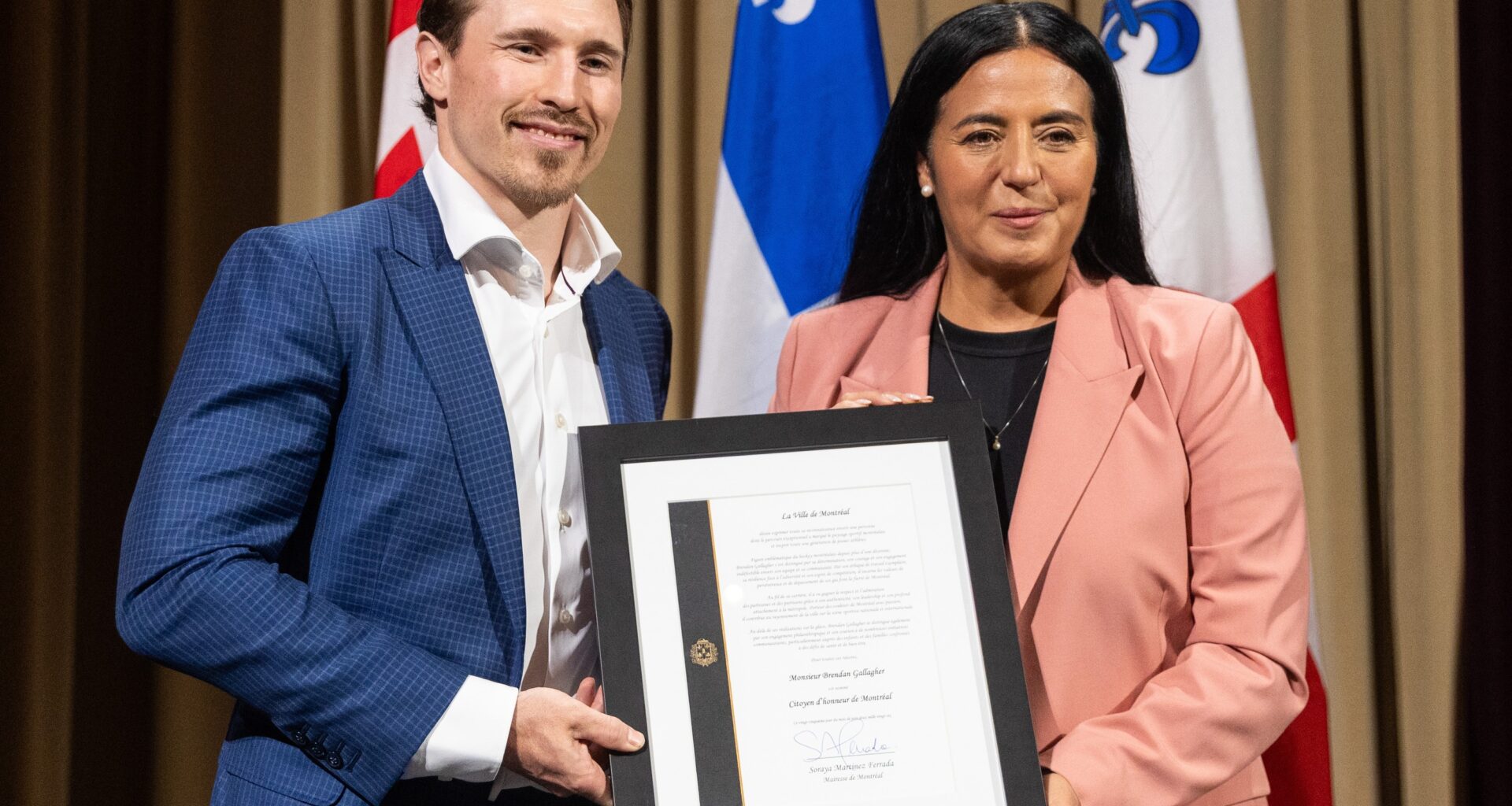 Brendan Gallagher is designated as a citizen of honour of Montreal by Mayor Soraya Martinez Ferrada in Montreal.