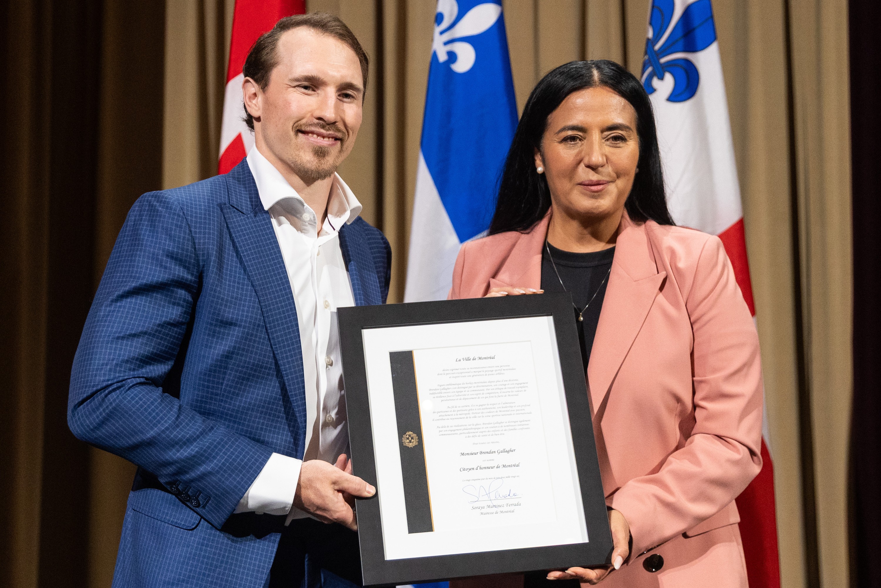 Brendan Gallagher is designated as a citizen of honour of Montreal by Mayor Soraya Martinez Ferrada in Montreal.