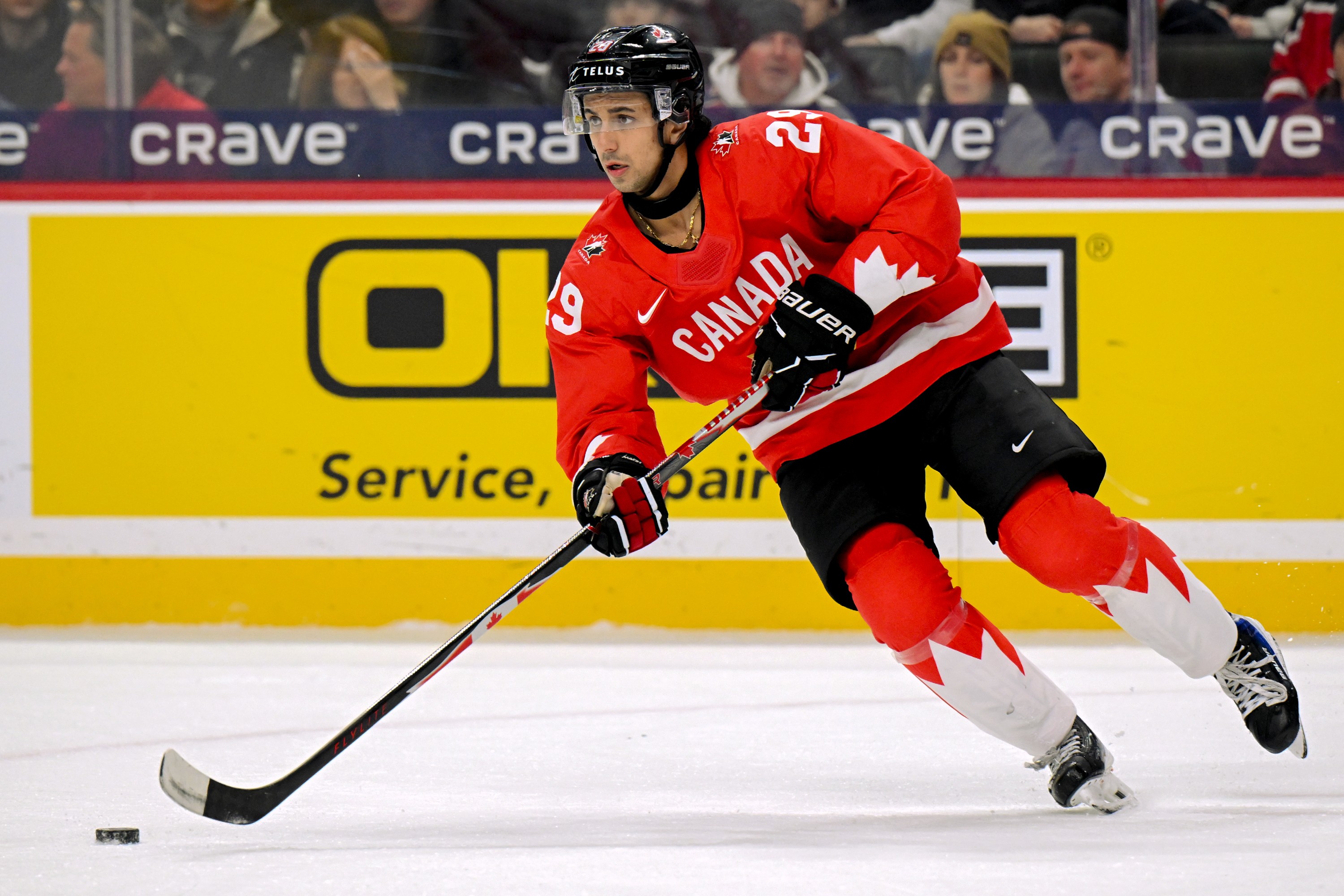 Team Canada's Michael Hage controls the puck against Czechia during semifinal game at the IIHF World Junior Hockey Championship in St Paul, Minn., on Jan. 4.