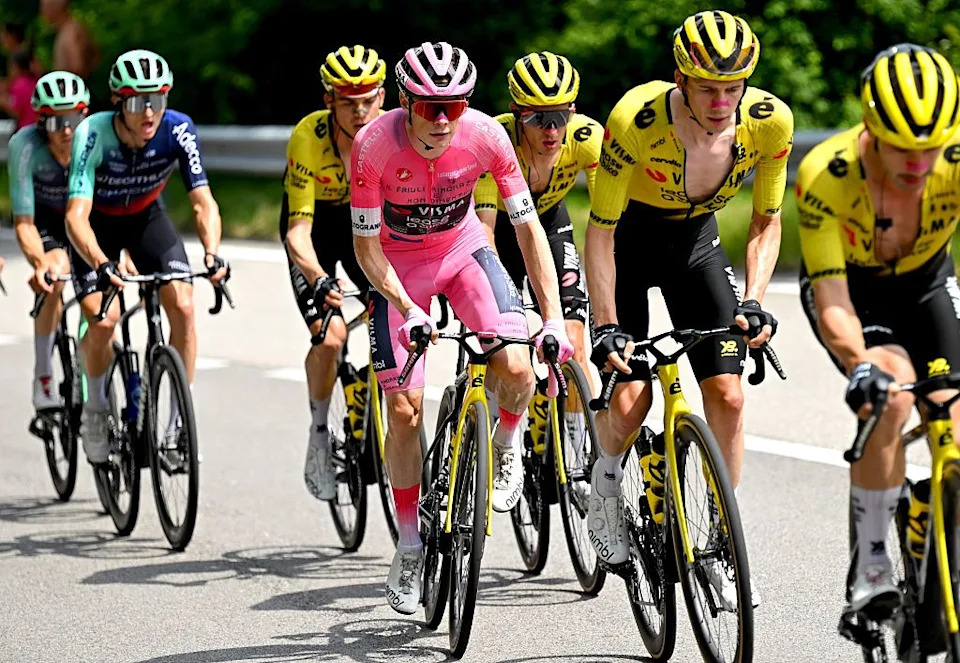 Jonas Vingegaard of Denmark and Team Visma | Lease a Bike - Pink Leader Jersey competes during the 109th Giro d'Italia .