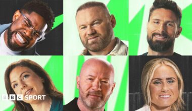 BBC pundits, clockwise from top left: Micah Richards, Wayne Rooney, Olivier Giroud, Steph Houghton, Alan Shearer and Rachel Corsie