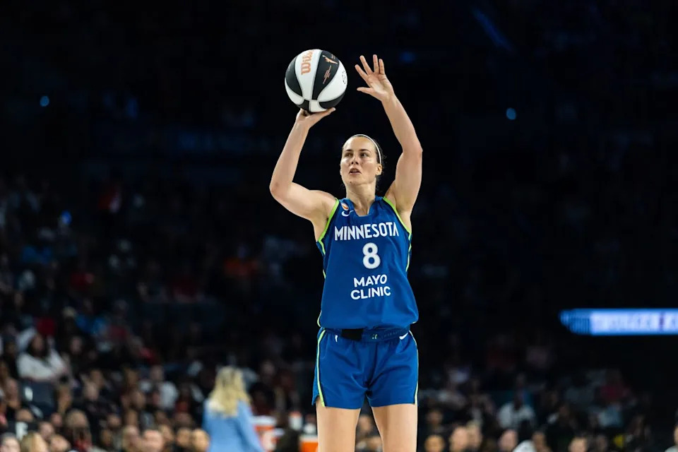 Minnesota Lynx guard Antonia Delaere (8) shoots the ball during a WNBA game between the Las Vegas Aces and the Minnesota Lynx, Saturday June 13, 2026 in Las Vegas, Nev.