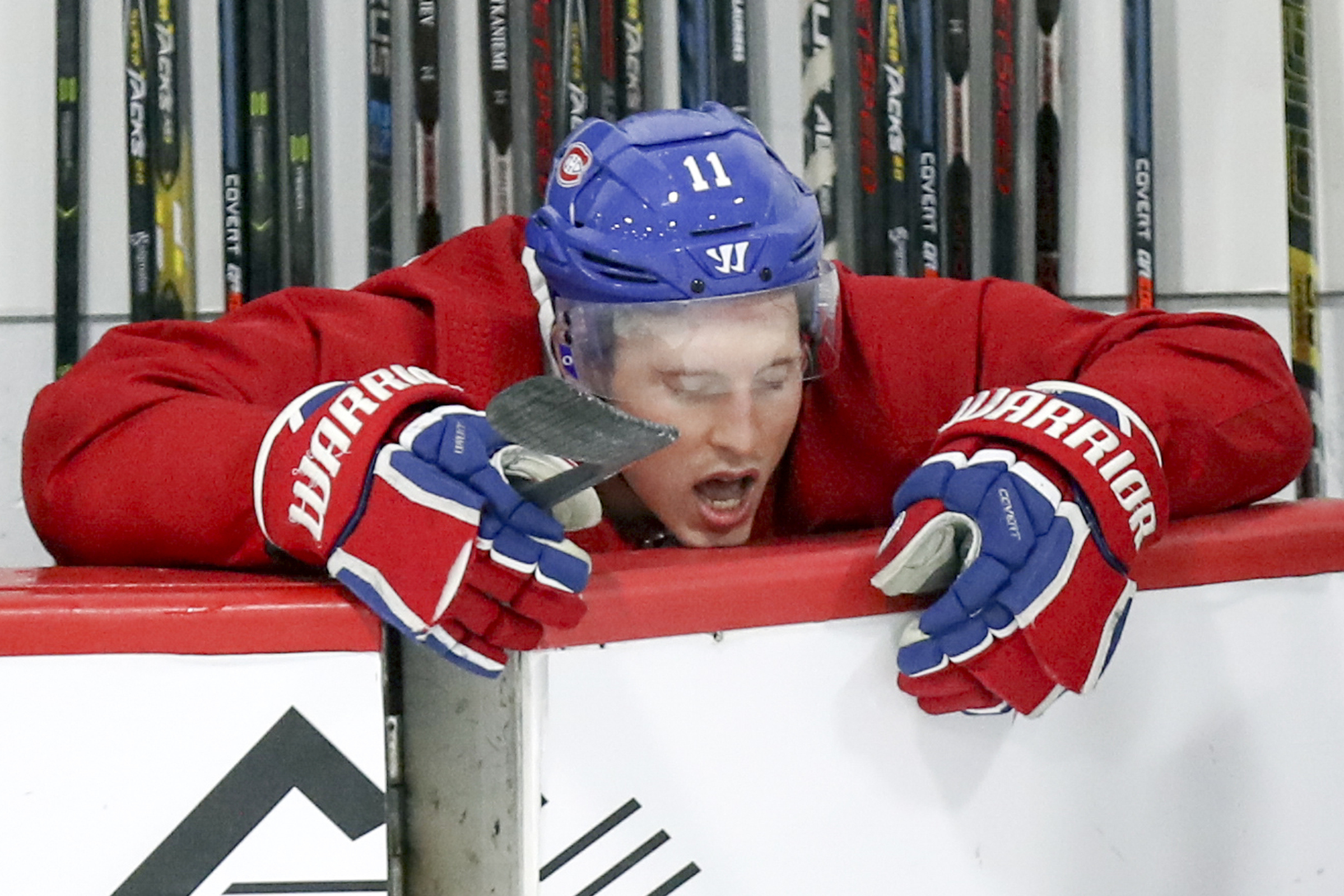 Brendan Gallagher rests his chin on the boards.