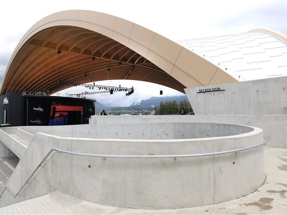 The North Shore mountains are visible from the Freedom Mobile Arch in Vancouver B.C., as seen on June 5, 2026.