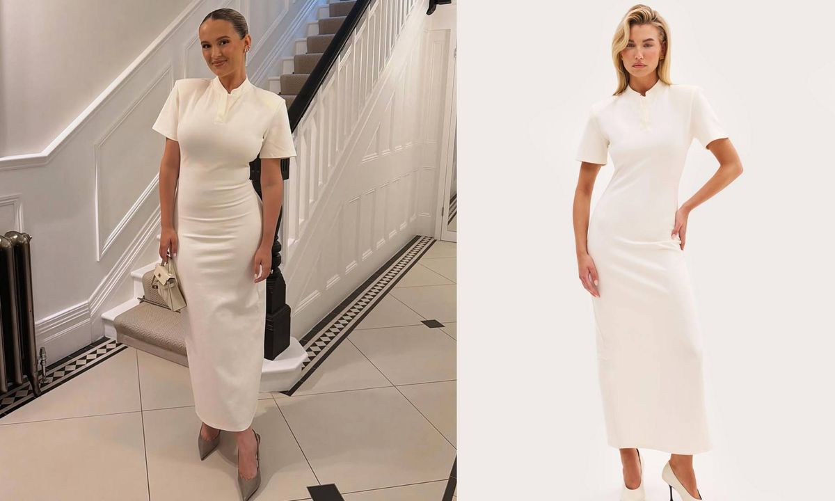 Molly-Mae wears the Power Fitted Dress in Cream from Maebe