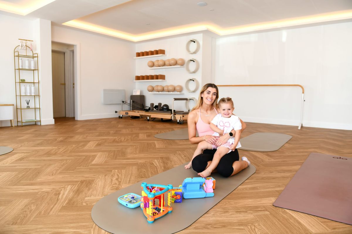 Charlotte Crosby with daughter Arabella at her fitness studio in Grimsby