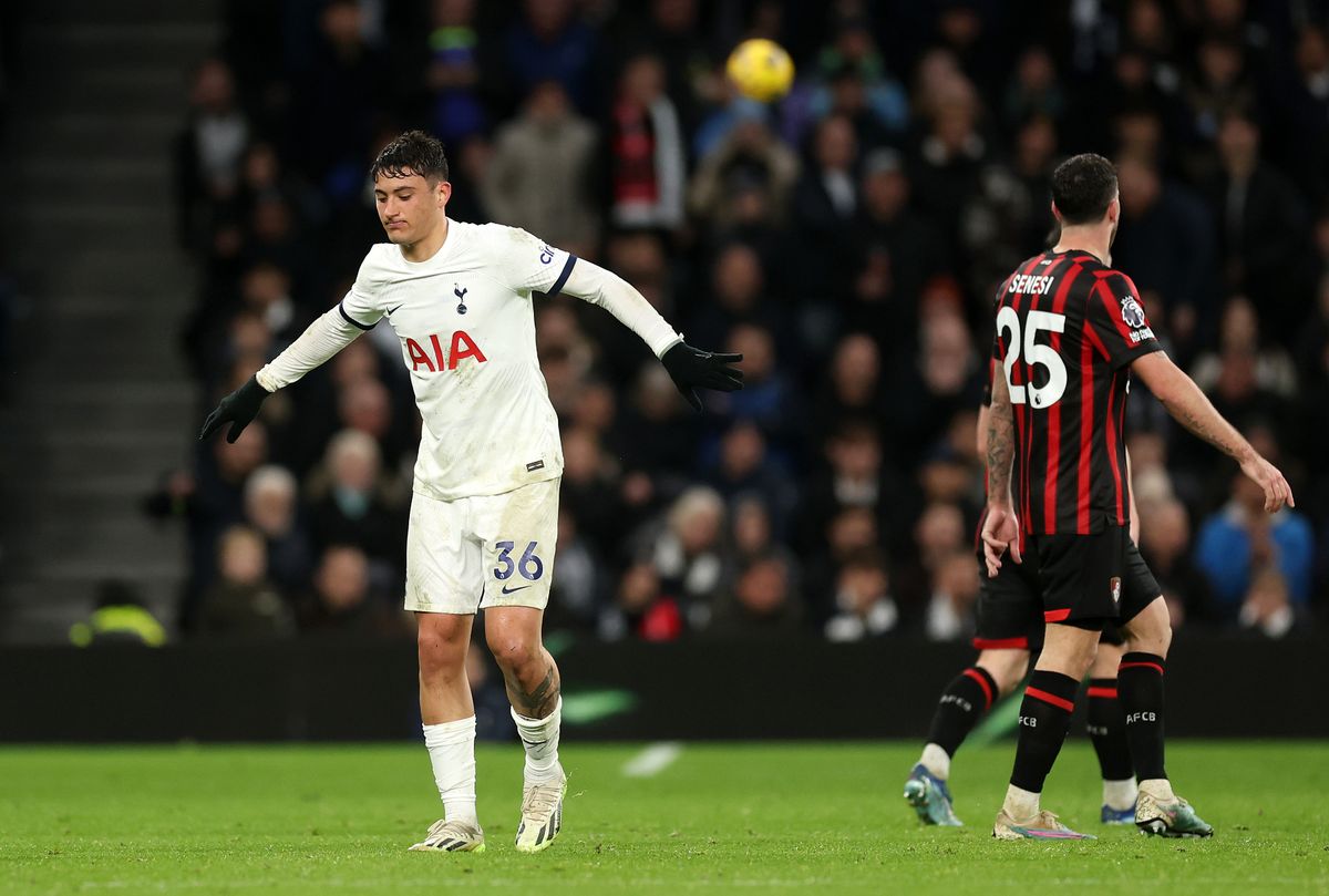 Alejo Veliz of Tottenham Hotspur reacts during the Premier League match between Tottenham Hotspur and AFC Bournemouth at Tottenham Hotspur Stadium on December 31, 2023 in London, England