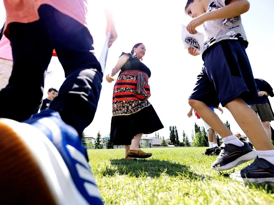 Nicole Cardinal teaches Métis jigging to students during Indigenous Learning Day at Nellie Carlson School, 4110 MacTaggart Drive NW, in Edmonton Friday June 19, 2026.