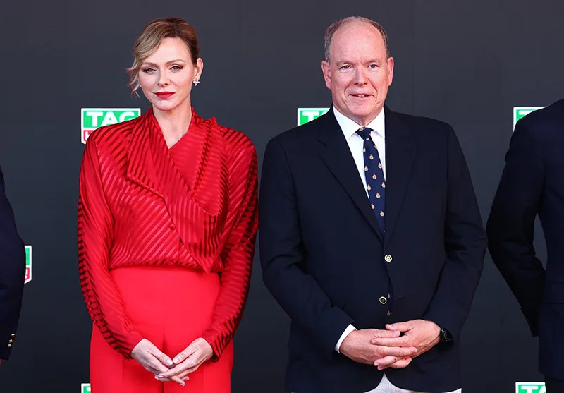 MONTE-CARLO, MONACO - MAY 25: Princess Charlene and Prince Albert II of Monaco on the podium during the F1 Grand Prix of Monaco at Circuit de Monaco on May 25, 2025 in Monte-Carlo, Monaco. (Photo by Clive Rose/Getty Images)