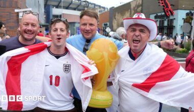 England fans in celebratory mood in a packed bar in Boston ahead of Tuesday's game against Ghana