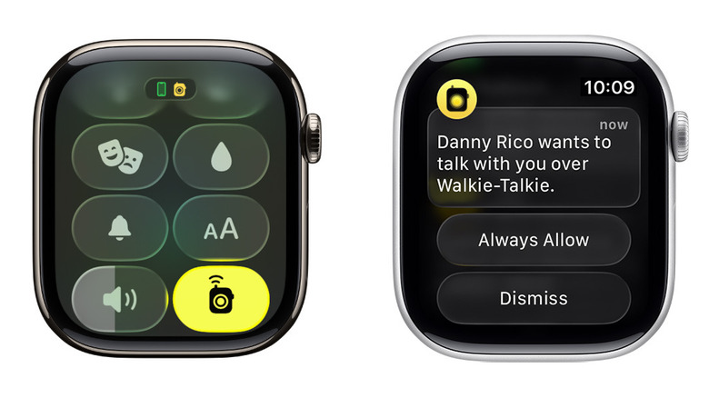 Left: Apple Watch Control Center with Walkie Talkie highlighted, right: Walkie-Talkie invite screen on Apple Watch