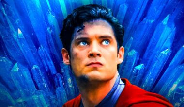 James Gunn's DCU Superman in front of fortress of solitude