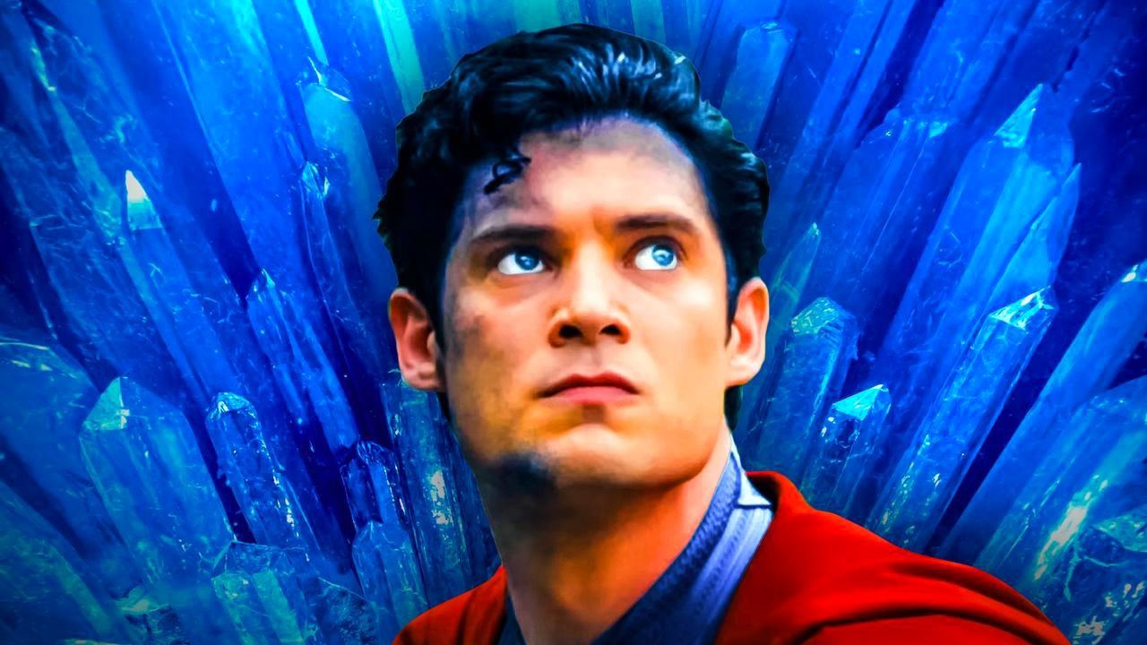 James Gunn's DCU Superman in front of fortress of solitude