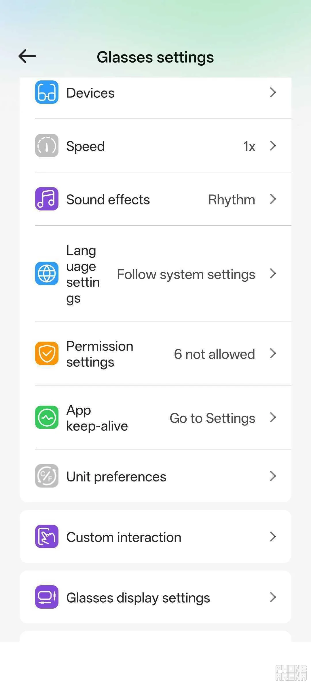 One of the several Settings menus. | Image by PhoneArena - Rokid Glasses review: AI glasses with a screen