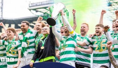 Celtic Interim Manager Martin O'Neill and Callum McGregor lift the league title during a William Hill Premiership match between Celtic and Heart of Midlothian at Celtic Park, on May 16, 2026.