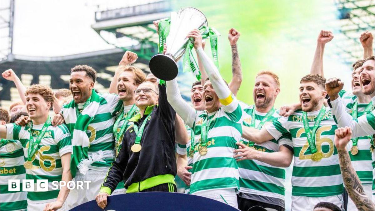 Celtic Interim Manager Martin O'Neill and Callum McGregor lift the league title during a William Hill Premiership match between Celtic and Heart of Midlothian at Celtic Park, on May 16, 2026.